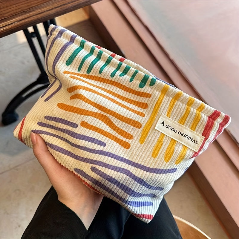 Colorful Striped Corduroy Makeup Bag Travel Cosmetic Pouch