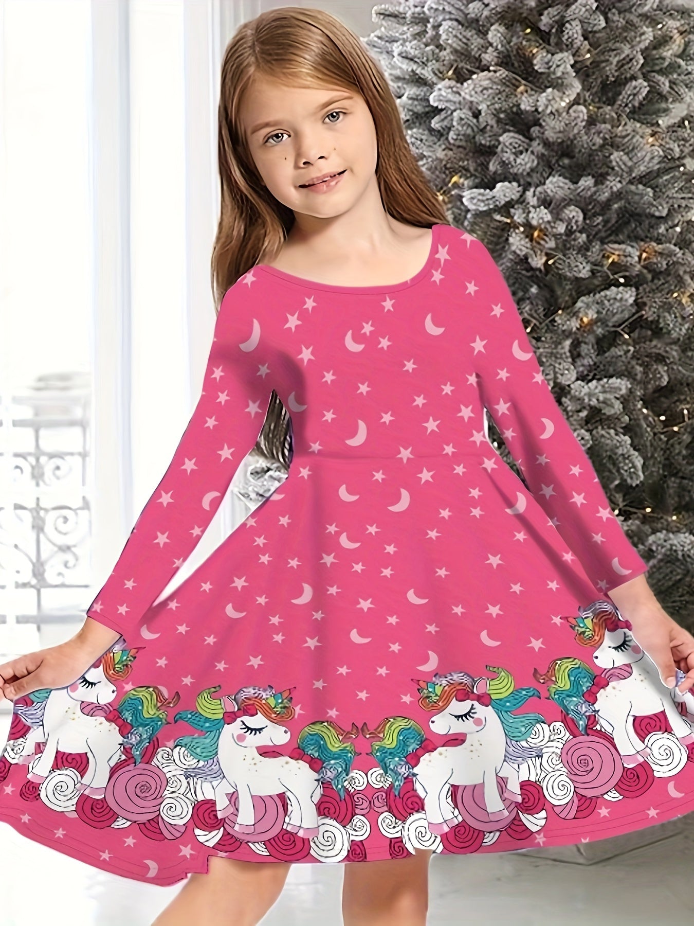 Girls Christmas Tree Print Crew Neck Dress