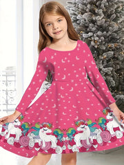 Girls Christmas Tree Print Crew Neck Dress