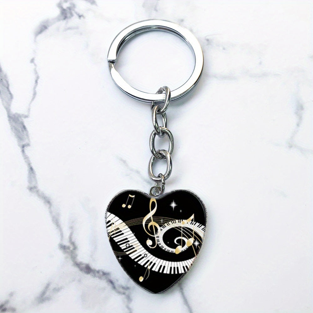 Piano Keys Music Notes Key Chain Heart Shaped Glass Gem Pendant Keyring