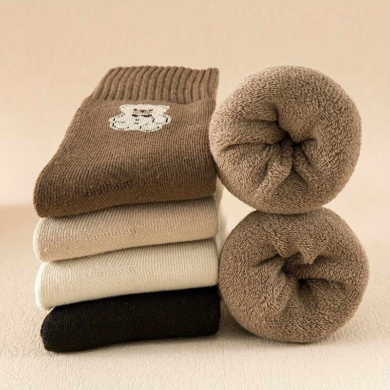 5 Pairs Cartoon Bear Print Socks & Soft Mid Tube Socks Women's Stockings