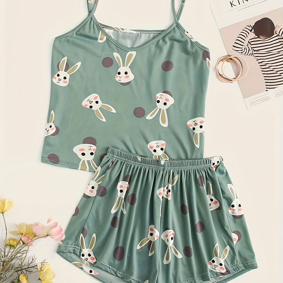 Cartoon Rabbit Print V Neck Cami & Shorts Plus Size Pajama Set