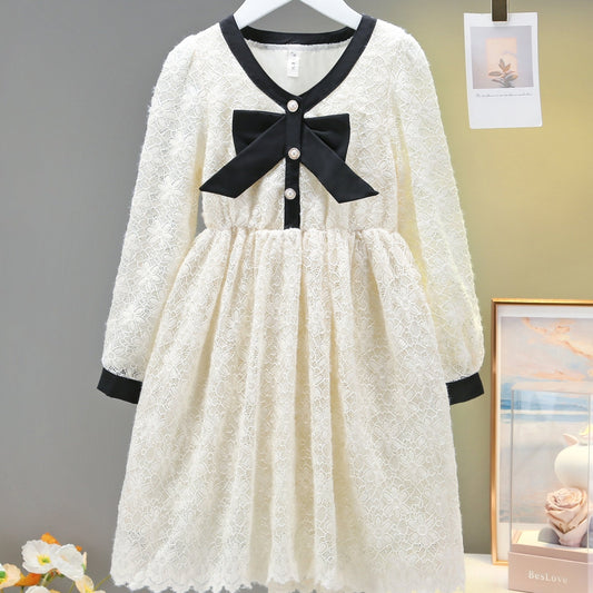 Floral Lace Dress with Bow Front Long Sleeve for Girls