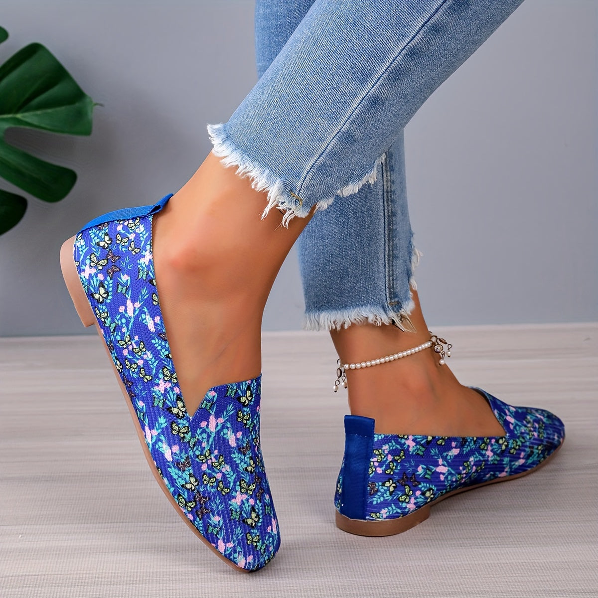 Flower & Butterfly Pattern Flat Shoes Lightweight Slip On Shoes