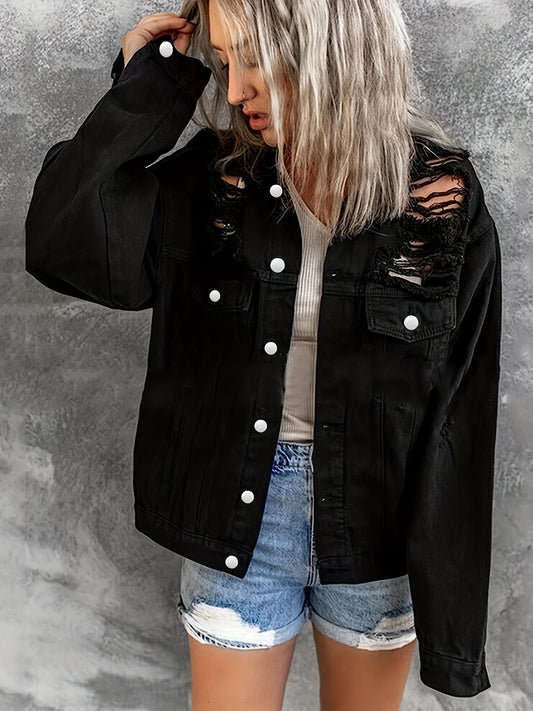 Plus Size Skull Print Ripped Denim Jacket