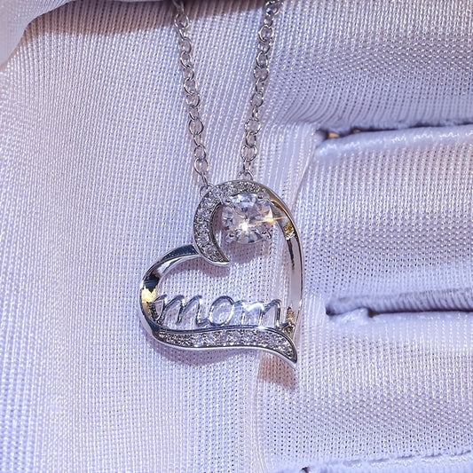 Heart Shape Rhinestone Mom Pendant Necklace Mother's Gift For Women