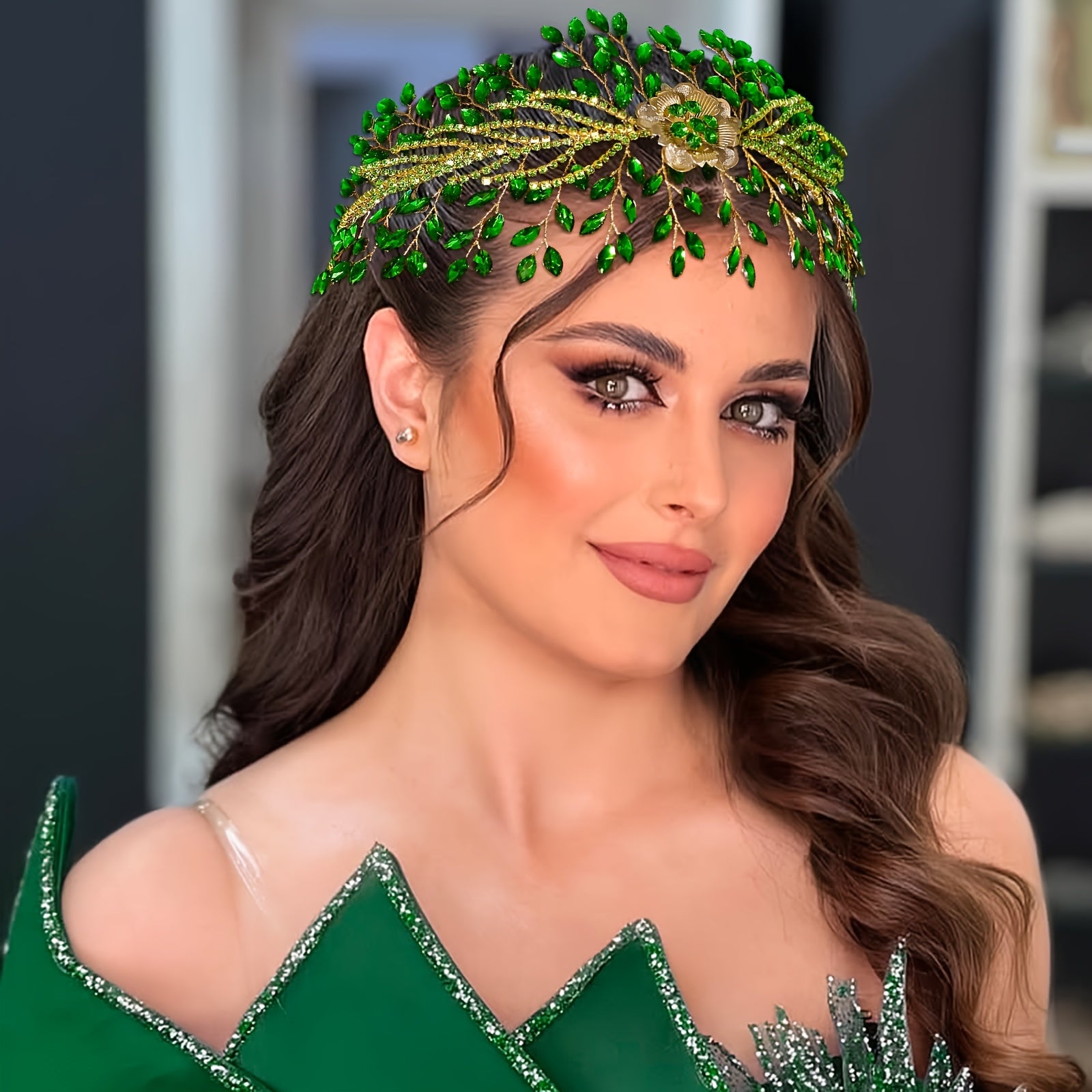 Green Rhinestone Flower Headband for Women