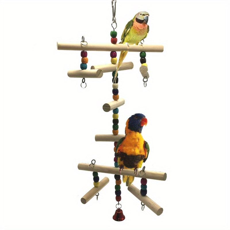 Colorful Wooden Parrot Swing Ladder Toy with Bells & Beads