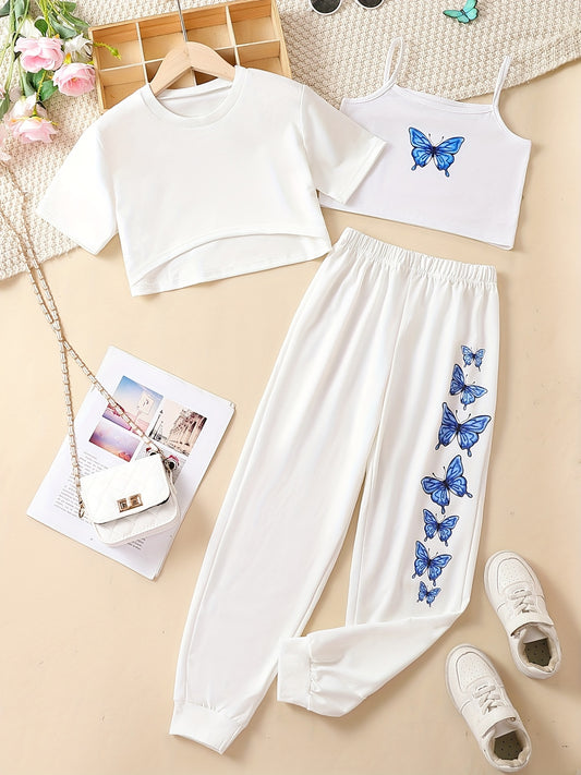 Girls' Butterfly Graphic Casual Suit 3pcs Set
