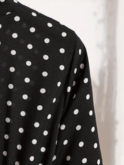 Pin Dot Print Dress Vintage Tie Neck Long Sleeve A Line Dress