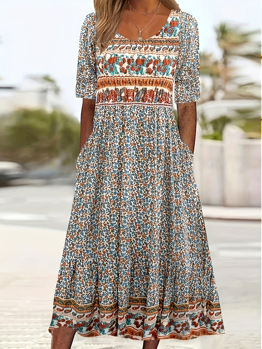  Boho Dress Colorblock Floral Print Maxi Dress With Pockets
