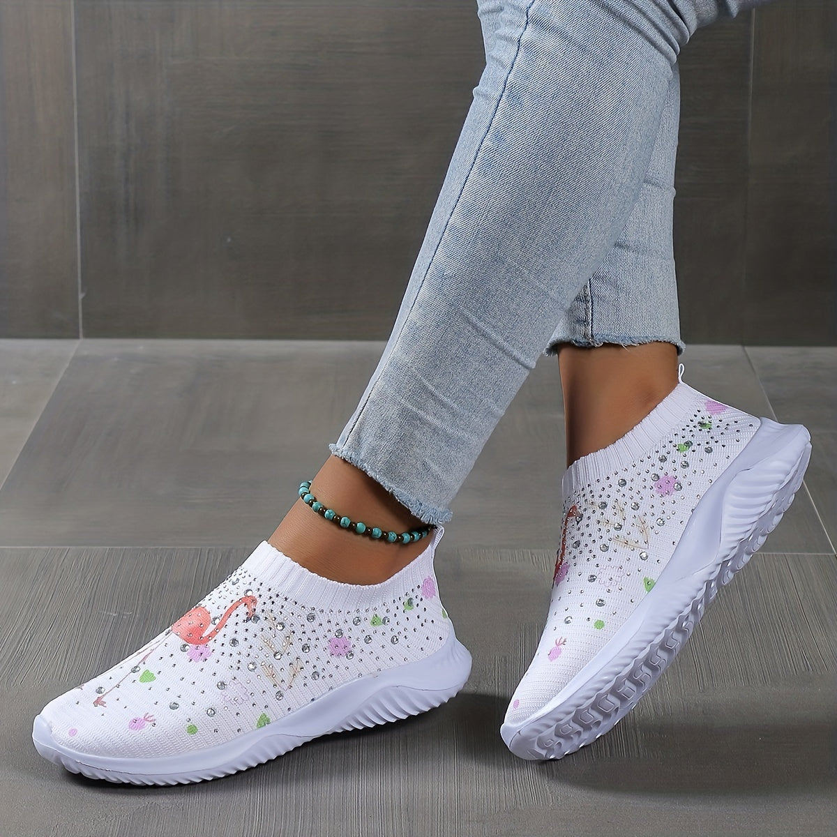 Women's Cartoon Pattern Sock Shoes Casual Rhinestone Decor Low Top
