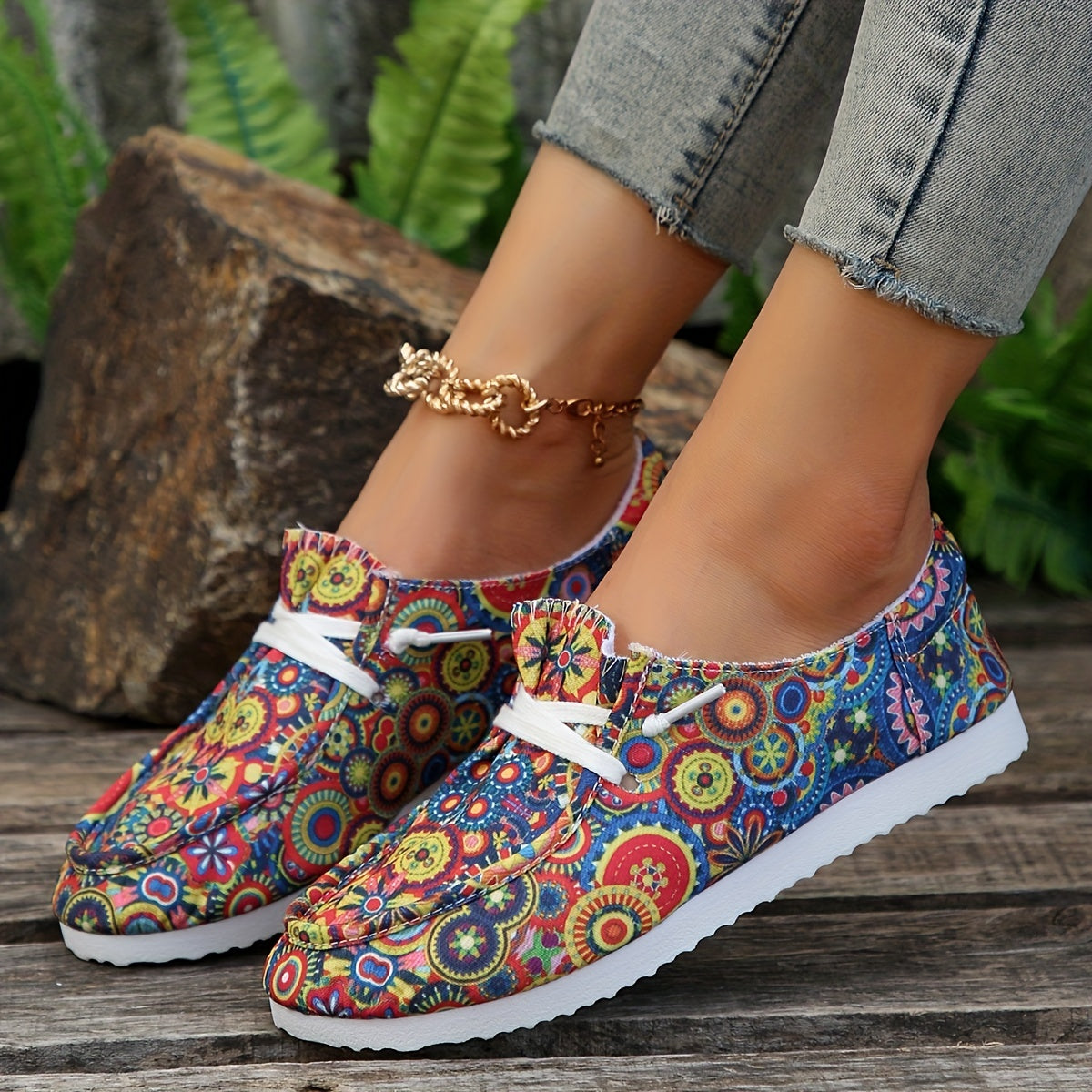 Floral Print Canvas Lace Up Sneakers Lightweight Low Top Shoes