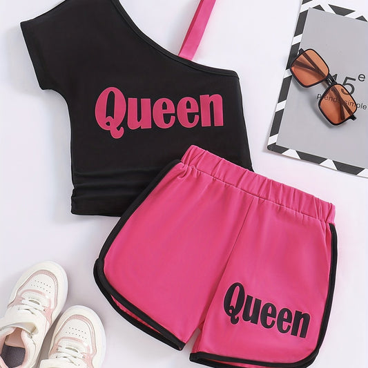 Girls 2pcs One Shoulder Short Sleeve Top & Short Sets Summer Clothes