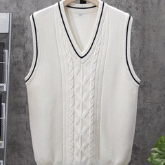 Men's V Neck Striped Knit Vest Sleeveless Sweater