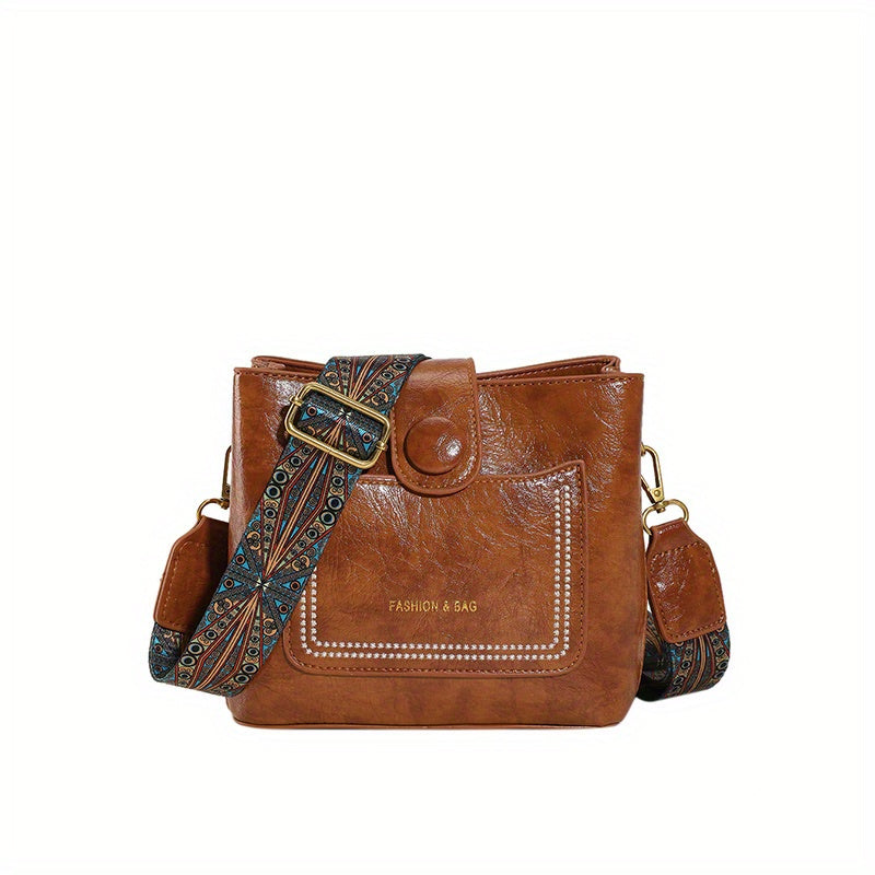 Retro Style Wax Leather Crossbody Bag Wide Strap Shoulder Purse