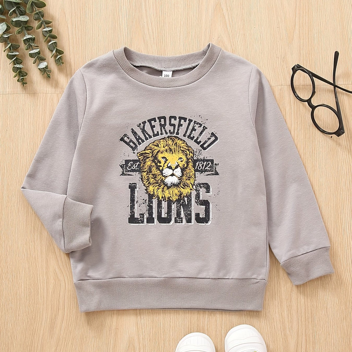 Lion Print Boys Casual Sweatshirt Crew Neck Tops Kids Clothing