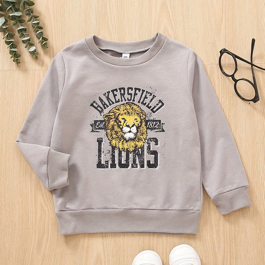 Lion Print Boys Casual Sweatshirt Crew Neck Tops Kids Clothing