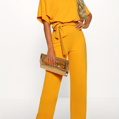 Batwing Sleeve Belted Jumpsuit Solid Casual Jumpsuit Women's Clothing