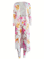 Chain & Floral Print 2pc Set Open Front Coat & High Waist Pants