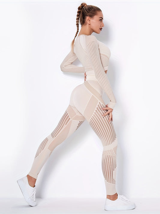 Yoga Set 2 Piece Crop Top & Leggings Stripe Hollow Out Workout Suit