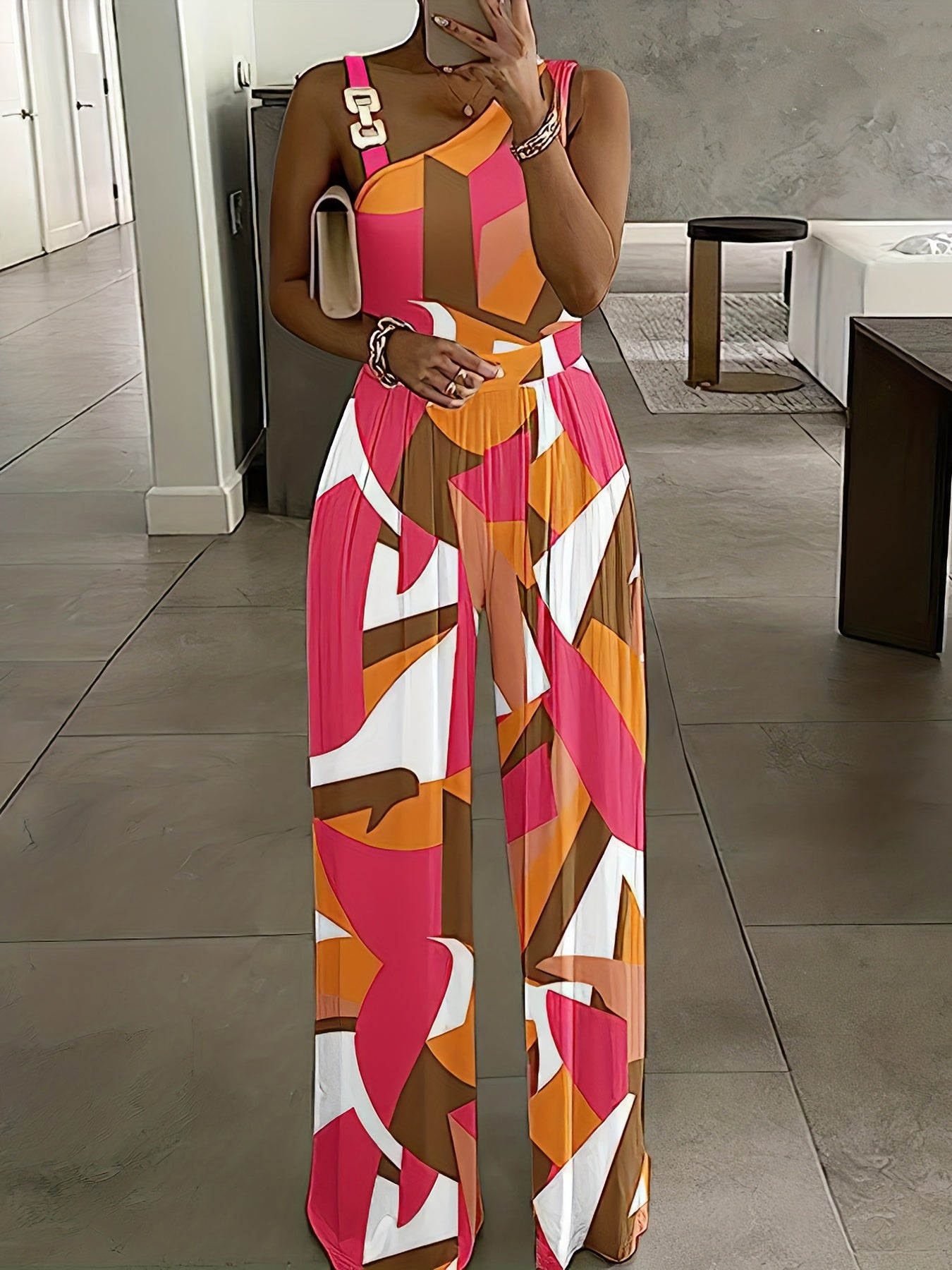 Floral Print Wide Leg Jumpsuit with Chain Straps