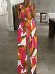 Floral Print Wide Leg Jumpsuit with Chain Straps