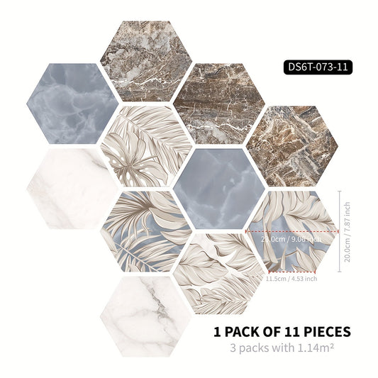 11pcs Plant Leaf Rock Pattern Self-adhesive Hexagon Floor Stickers