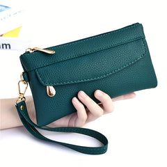 Soft PU Leather Clutch Handbag Zipper Closure Wristlet Strap