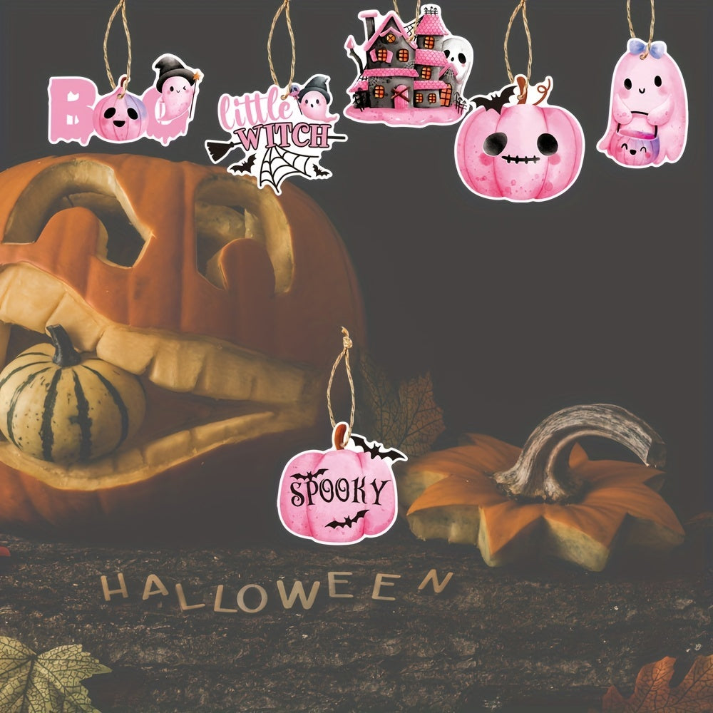 6 Pink Halloween Wooden Tree Ornaments Castle Ghost Pumpkin Wall Decor
