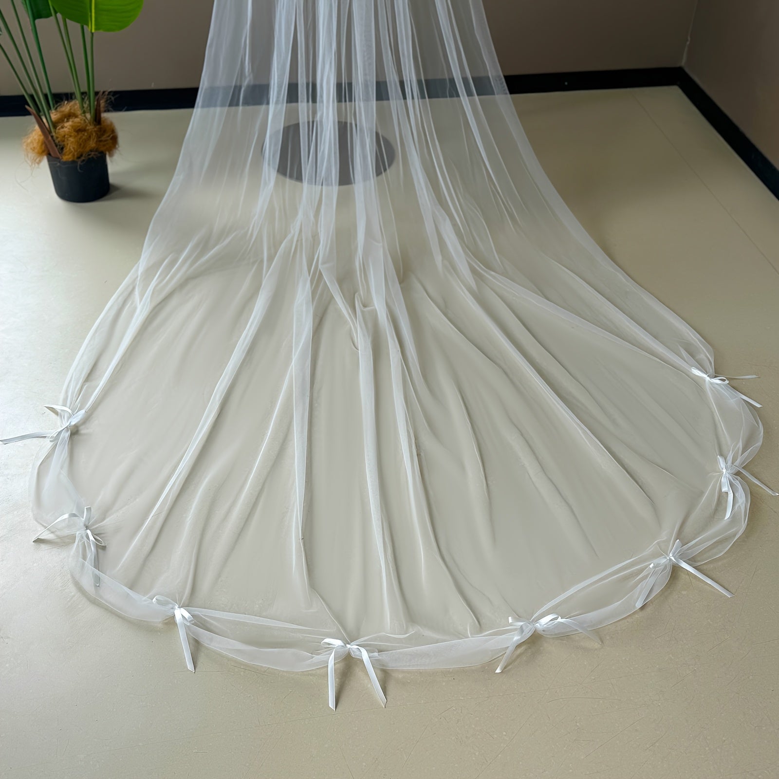 V-Shaped Bridal Veil with Ruffled Edges & Tulle Overlay