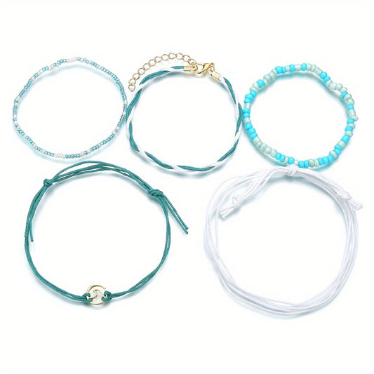 5 Pcs Ocean Style Wax Thread Anklet Set Rope Rice Beads Ankle Bracelet