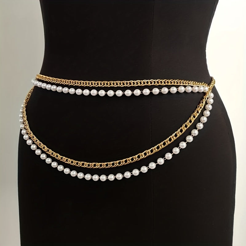 Faux Pearl Waistband Four Layer Chain - Women's Belly Chain