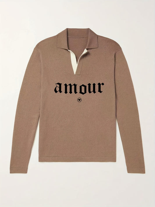 Amour Pattern Knit Polo Shirt Men's Casual Lapel Stretch V Neck Pullover Sweater