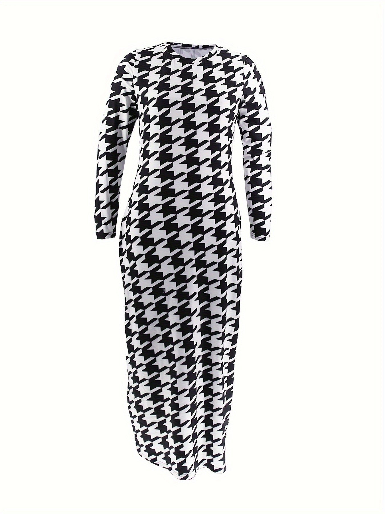  Houndstooth Print Long Sleeve Round Neck Maxi Dress