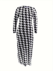  Houndstooth Print Long Sleeve Round Neck Maxi Dress