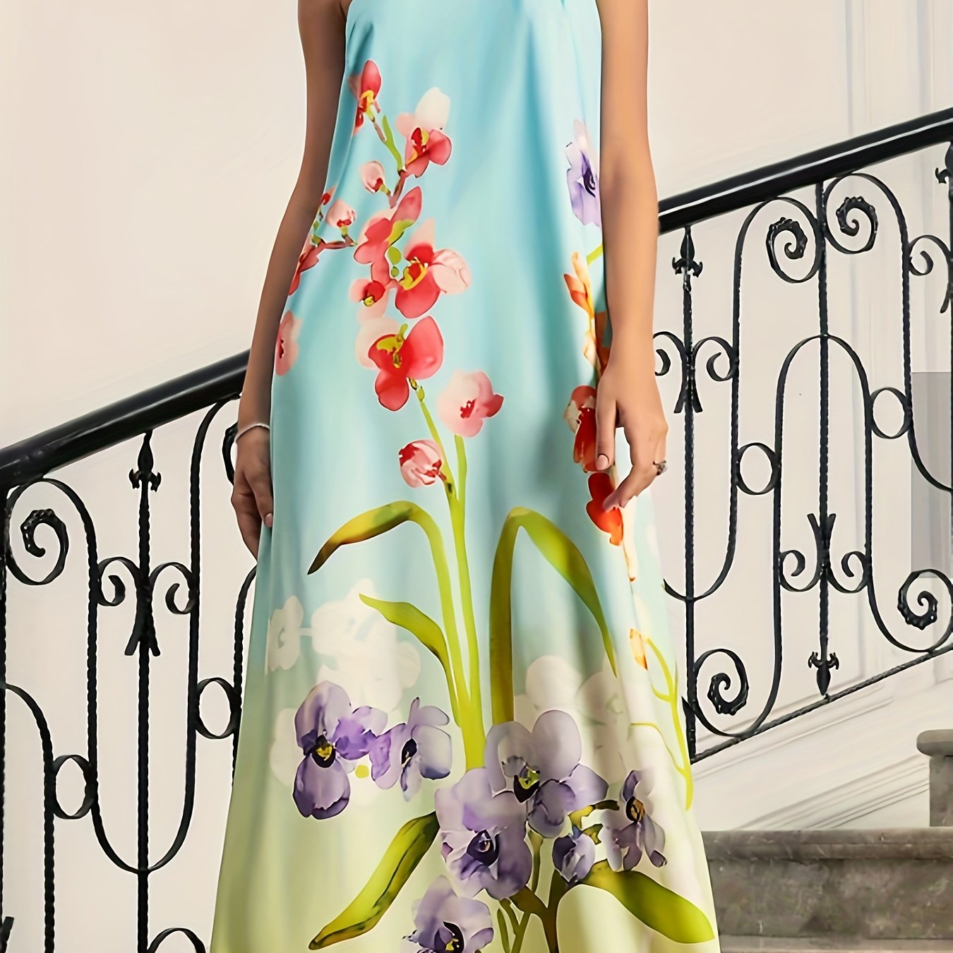  Floral Print Halter Neck Maxi Evening Dress