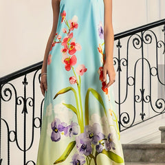  Floral Print Halter Neck Maxi Evening Dress