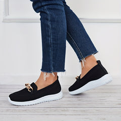 Women's Knitted Sock Sneakers Metallic Chain Slip On Low Top Flat Shoes