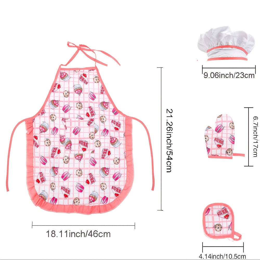 Kids 4pcs Play Kitchen Set with Pink Cake & Dinosaur Aprons