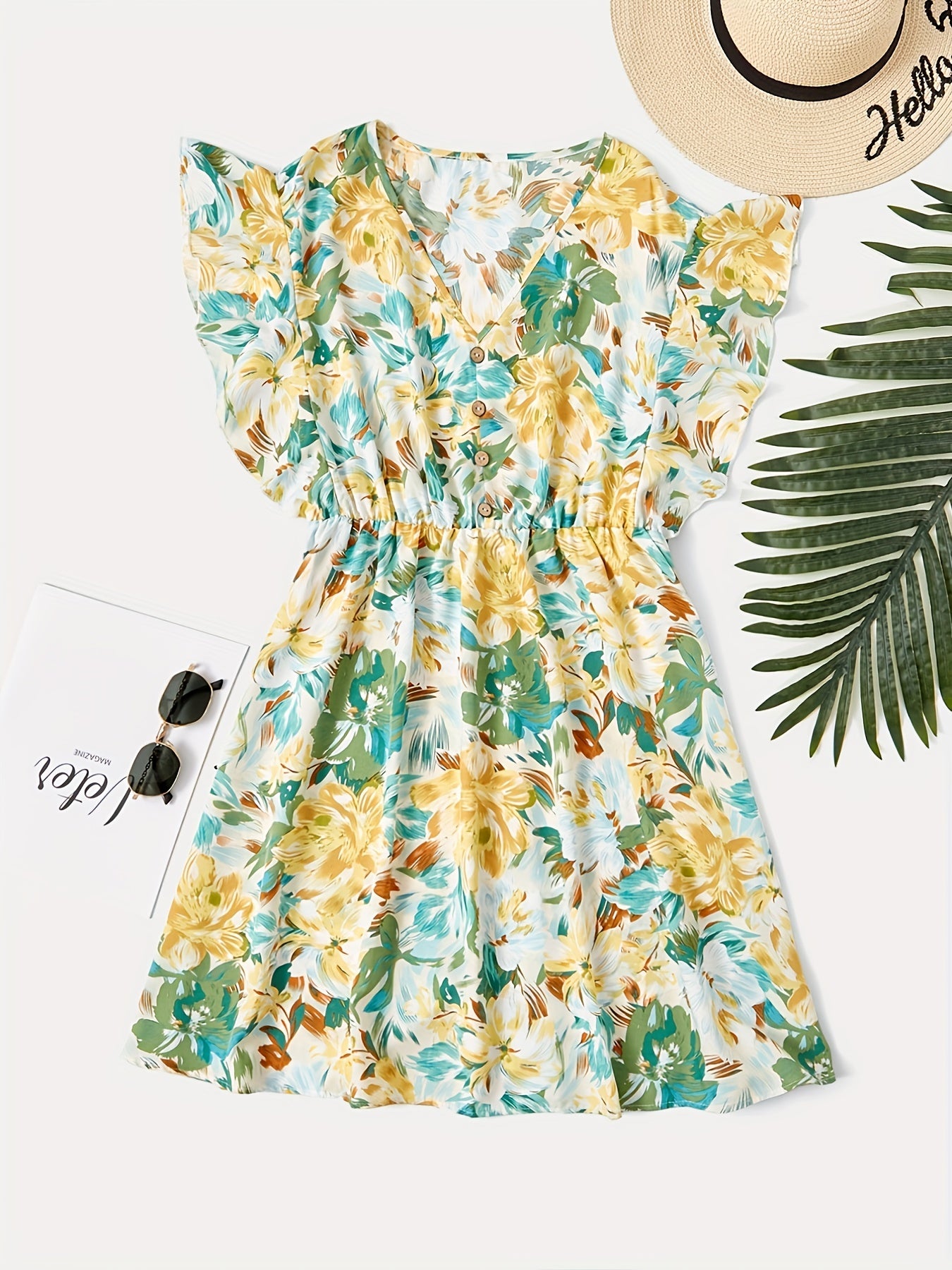  Floral Print Ruffle Sleeve V Neck Dress