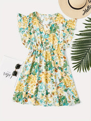  Floral Print Ruffle Sleeve V Neck Dress