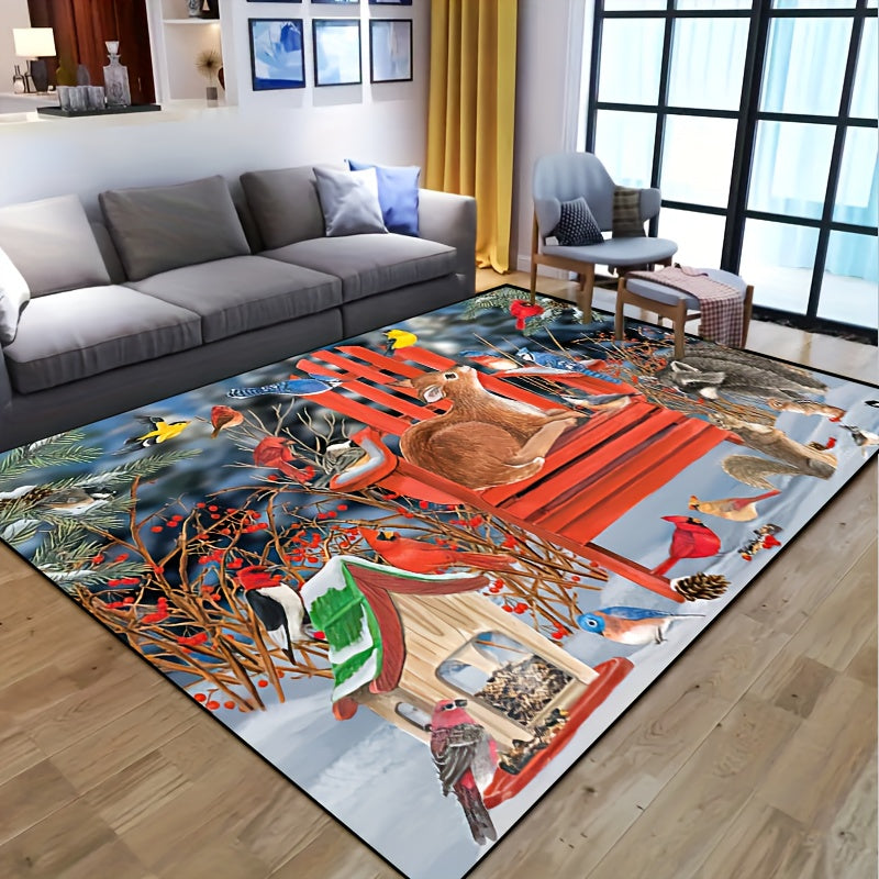 Animal Pattern Rug - Bird, Squirrel, Red Seat Print Mat