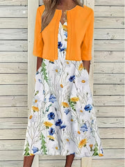 Floral Print Two Piece Dress Set Solid Crop Top & Crew Neck Dress