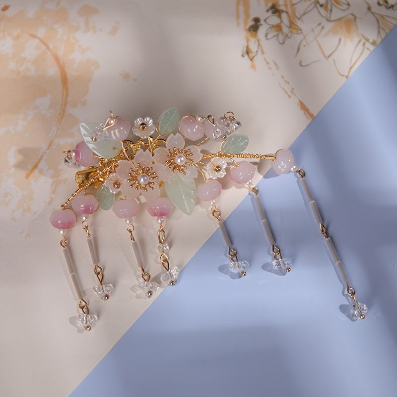Peach Tassel Faux Pearl Hair Clip Vintage Cheongsam Hair Clip