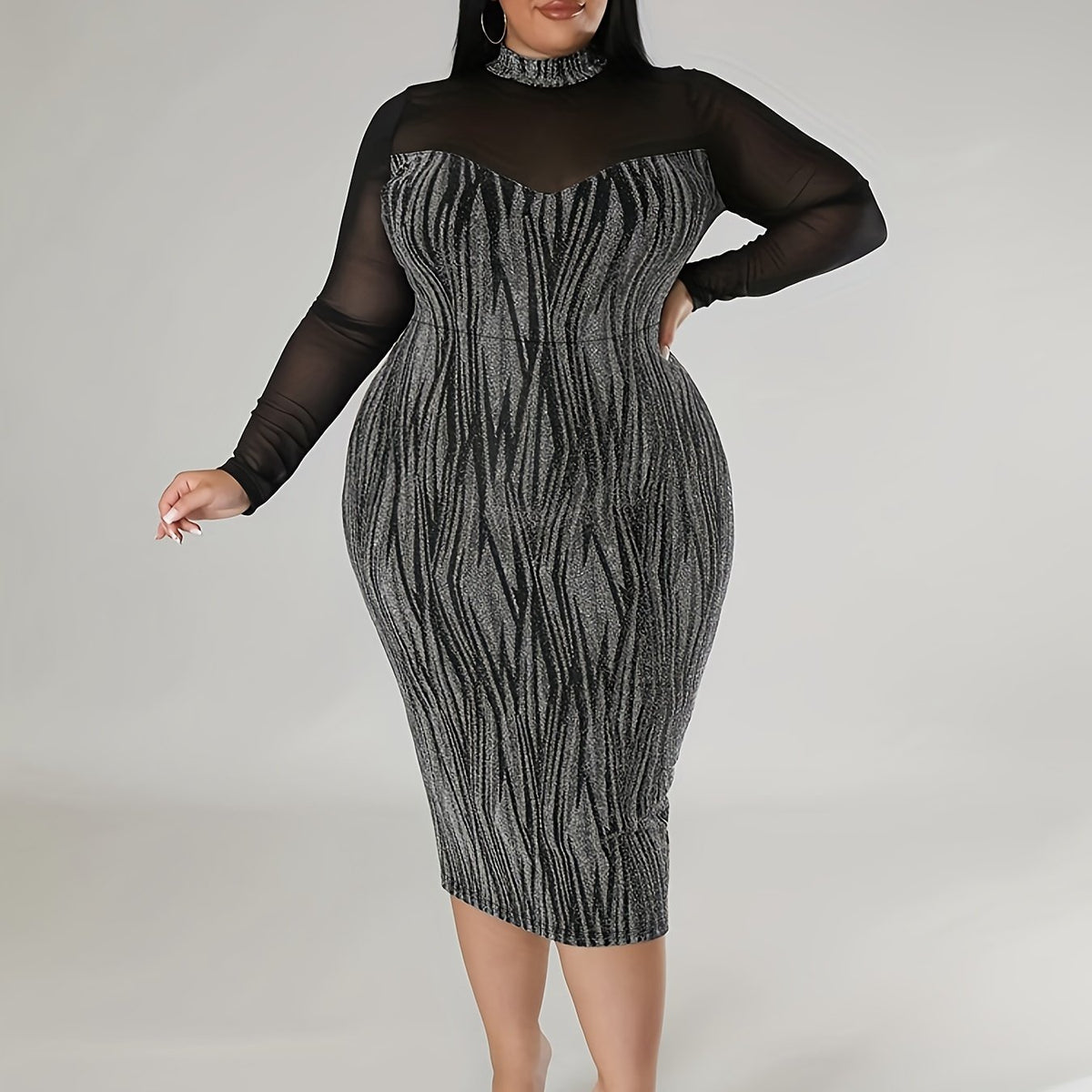  Geometric Print Mesh Bodycon Dress