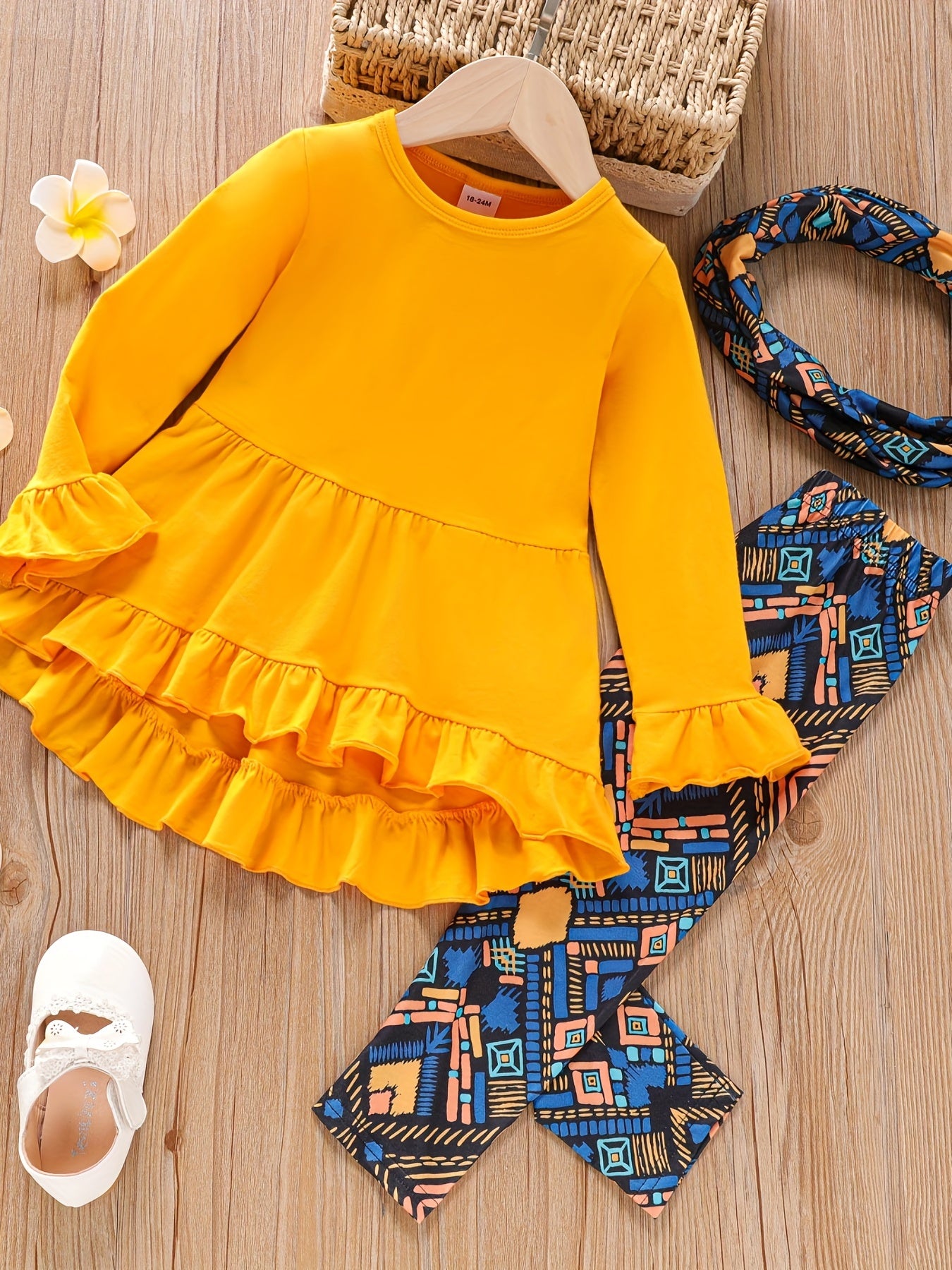 3pcs Baby Girls Ruffled Dress Top & Flared Pants & Scarf Set