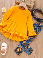3pcs Baby Girls Ruffled Dress Top & Flared Pants & Scarf Set