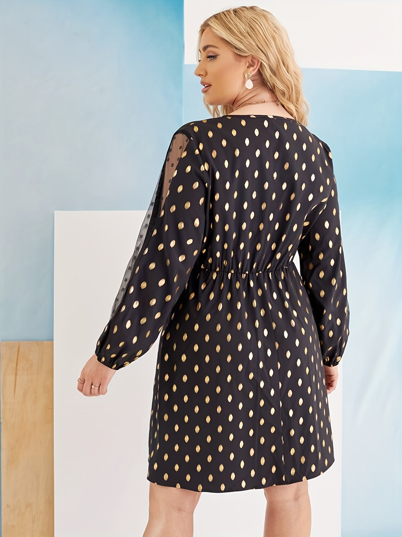  Women's Golden Dot Print Mesh Sleeve V Neck Mini Dress