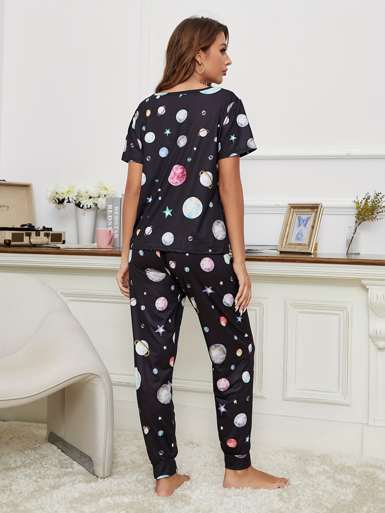 Planet Print Pajama Set Short Sleeve Top & Long Pants Women's Loungewear